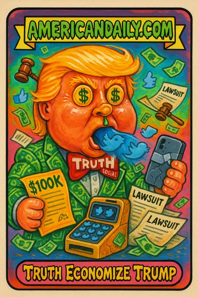 A grotesque cartoon of 'Truth Economize Trump' with a giant golden magnifying glass head, dollar sign eyes, wearing a dollar-bill tuxedo, holding a $100K contract, with chaotic social media and legal imagery.