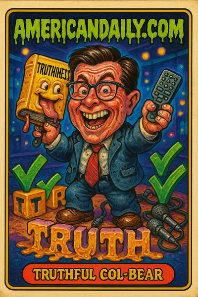 A grotesque illustration of a Stephen Colbert-like character capturing the chaos of defining 'truthiness' on stage in typical Garbage Pail Kids style.
