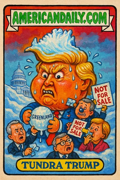 A grotesque, cartoonish Trump with an oversized Greenland-shaped head, struggling with a melting 'Greenland' snowball, surrounded by NATO caricatures.