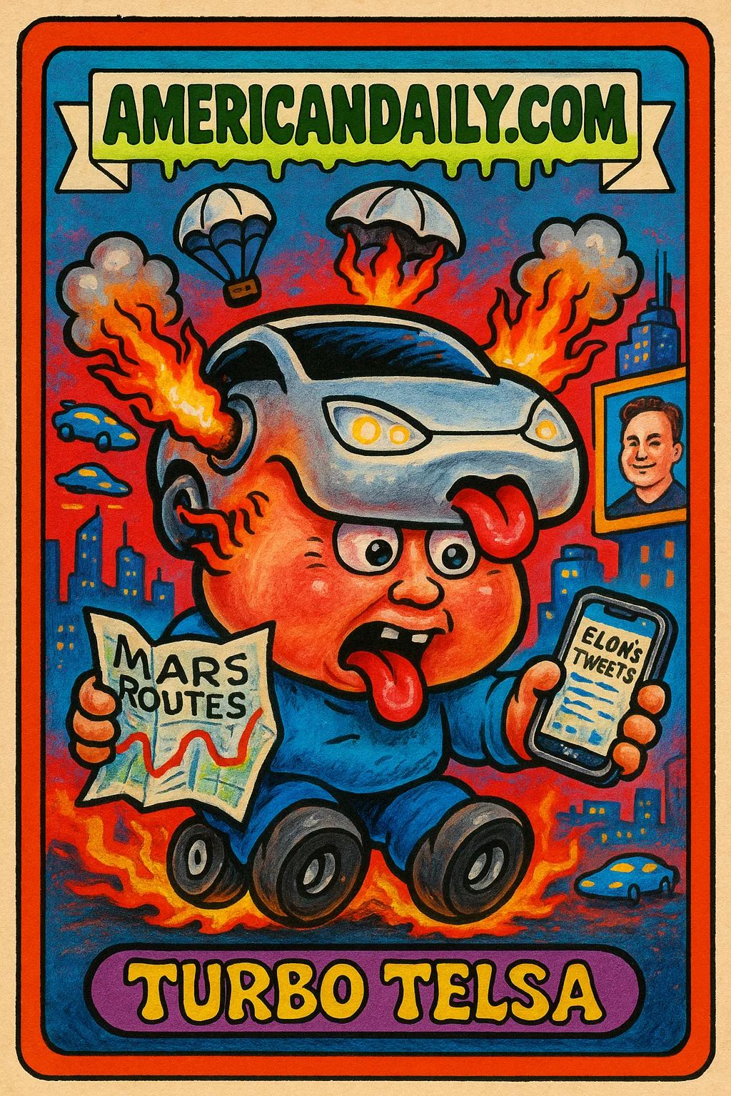 A grotesque cartoon character, Turbo Telsa, with a flying car head, smoking ears, and wheels for feet. Background of a futuristic cityscape with flying cars.