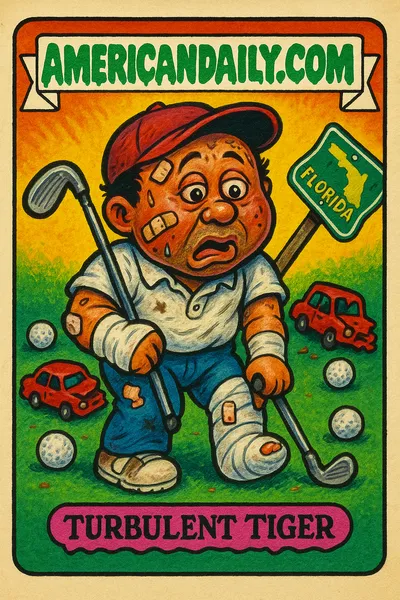 A wacky depiction of Tiger Woods with bandaids and a bent golf club as a crutch, alcohol bottles pouring out and toys of crashed cars around him.