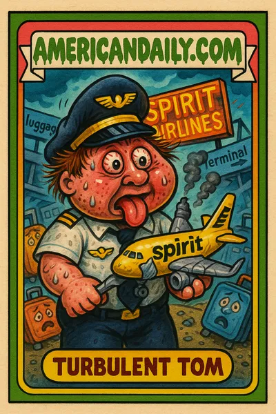 A grotesque pilot holding a toy plane, surrounded by chaos; Spirit Airlines neon sign falling. Satirical trading card design.