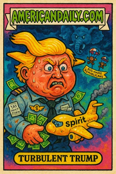 A satirical trading card depicts 'Turbulent Trump' with airplane-wing hair, holding a toy-like Spirit Airlines plane, amidst stormy skies and worried elephants.