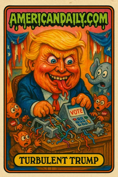 Grotesque caricature of Trump grinning evilly at a desk surrounded by broken voting machines and scurrying GOP gremlins. Laugh-out-loud satirical chaos.