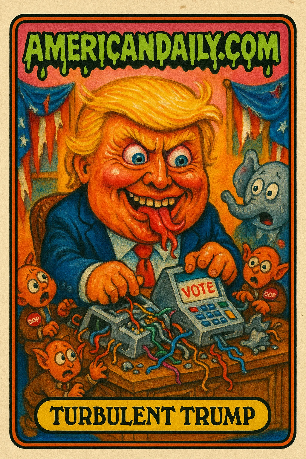 Grotesque caricature of Trump grinning evilly at a desk surrounded by broken voting machines and scurrying GOP gremlins. Laugh-out-loud satirical chaos.
