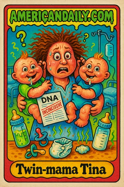A cartoon illustration of a panicked woman holding two devilishly identical babies, surrounded by chaotic hospital elements and DNA reports.