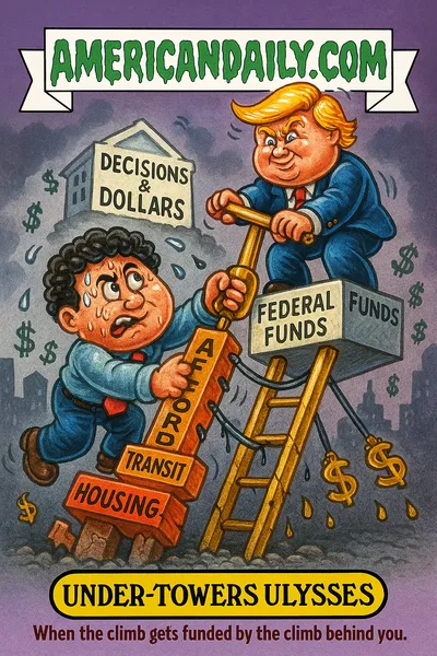 Cartoon trading card showing "Under-Towers Ulysses", a figure climbing a ladder made of city-blocks labelled "AFFORDABILITY", "TRANSIT", "HOUSING", towards a white-house shaped summit labeled "DECISIONS & DOLLARS". A second figure at the summit pulls a golden lever titled "FEDERAL FUNDS" while ladder cables connect to the lever. City-silhouettes slope, dollar icons drip. Top banner "AMERICANDAILY.COM" in slime font. Bottom nameplate "UNDER-TOWERS ULYSSES" with caption "When the climb gets funded by the climb behind you."