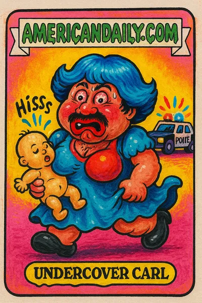 Grotesque caricature of a man in a dress, fake bust padding, wig, and smeared lipstick, carrying a leaking rubber baby. Background shows small police station with flashing sirens.