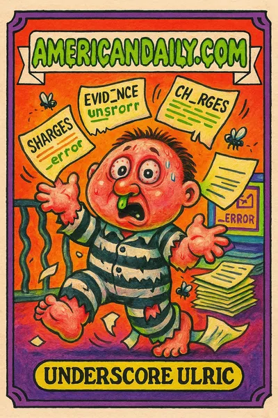 An illustration of 'Underscore Ulric', a grotesque caricature juggling huge legal documents with errors, in a chaotic prison setting.