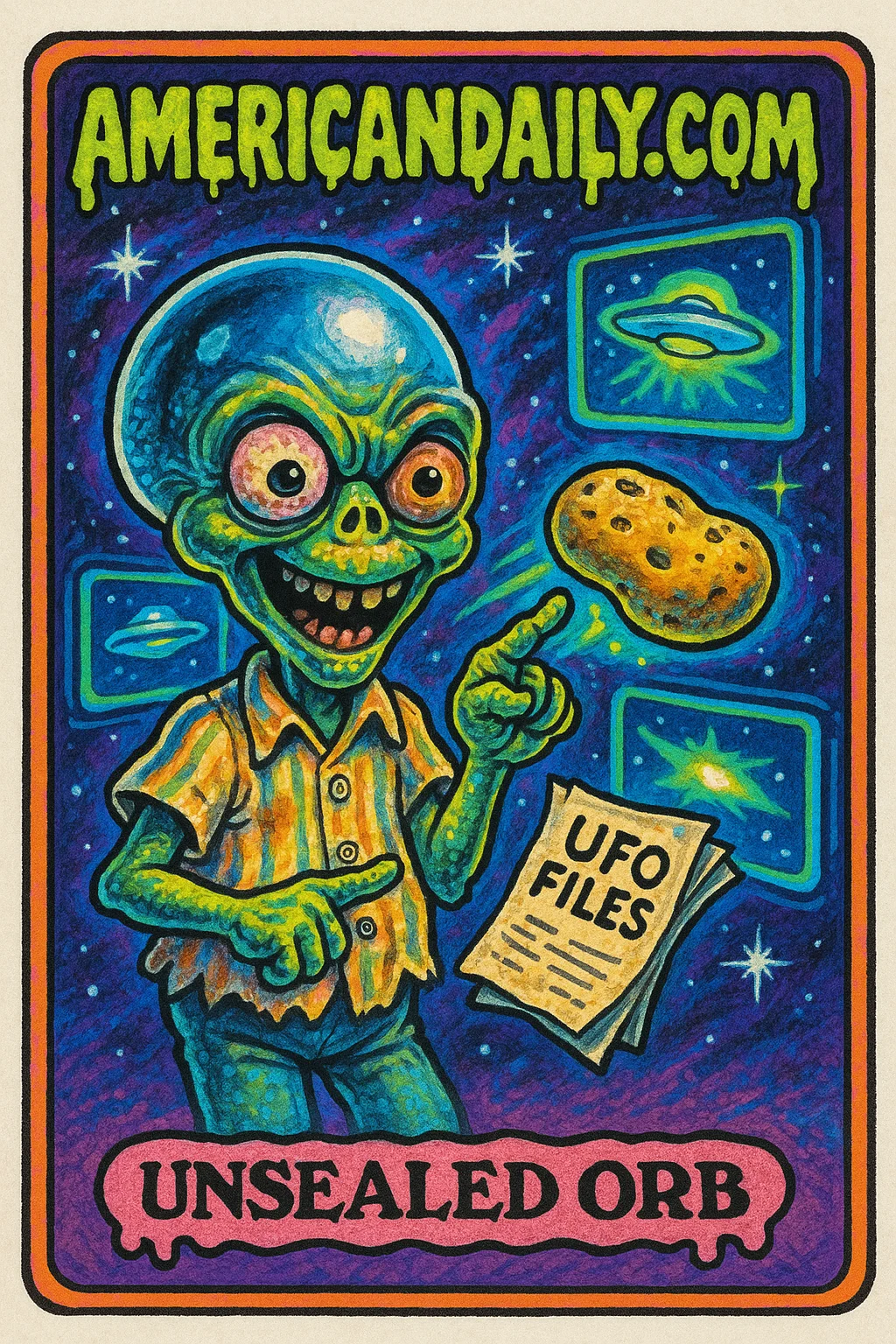 A trading card depicting a grotesque alien with a large, glowing orb-like head holding UFO files, with a hovering potato-shaped spacecraft in a cosmic background.