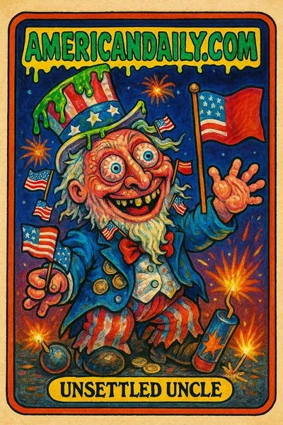 A grotesquely exaggerated Uncle Sam with an oversized head and bulging eyes, clutching a melting American flag turning into a red warning flag. He stands on bursting fireworks with smoke and sparks around, dressed in tattered clothes with bursting pockets.