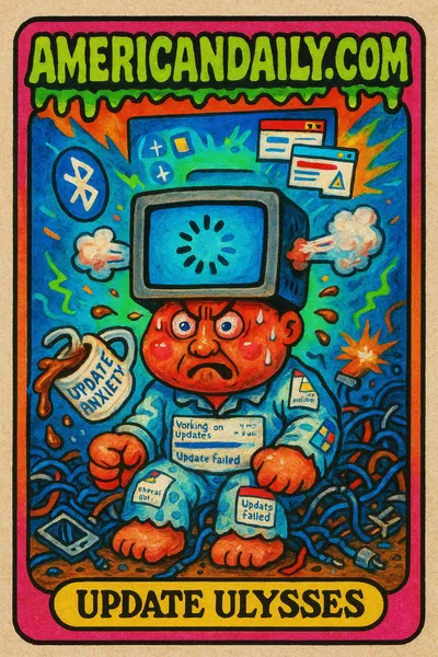 A satirical trading card featuring 'Update Ulysses': a character with a computer screen head displaying an update wheel, surrounded by chaotic digital cables and glitches.