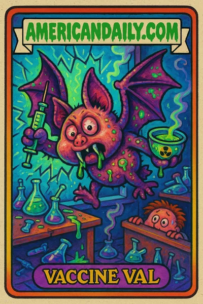 A chaotic trading card depicting Vaccine Val, a bat with a huge head, bulging eyes, and fangs crashing into a lab window with vaccine gear in hand.