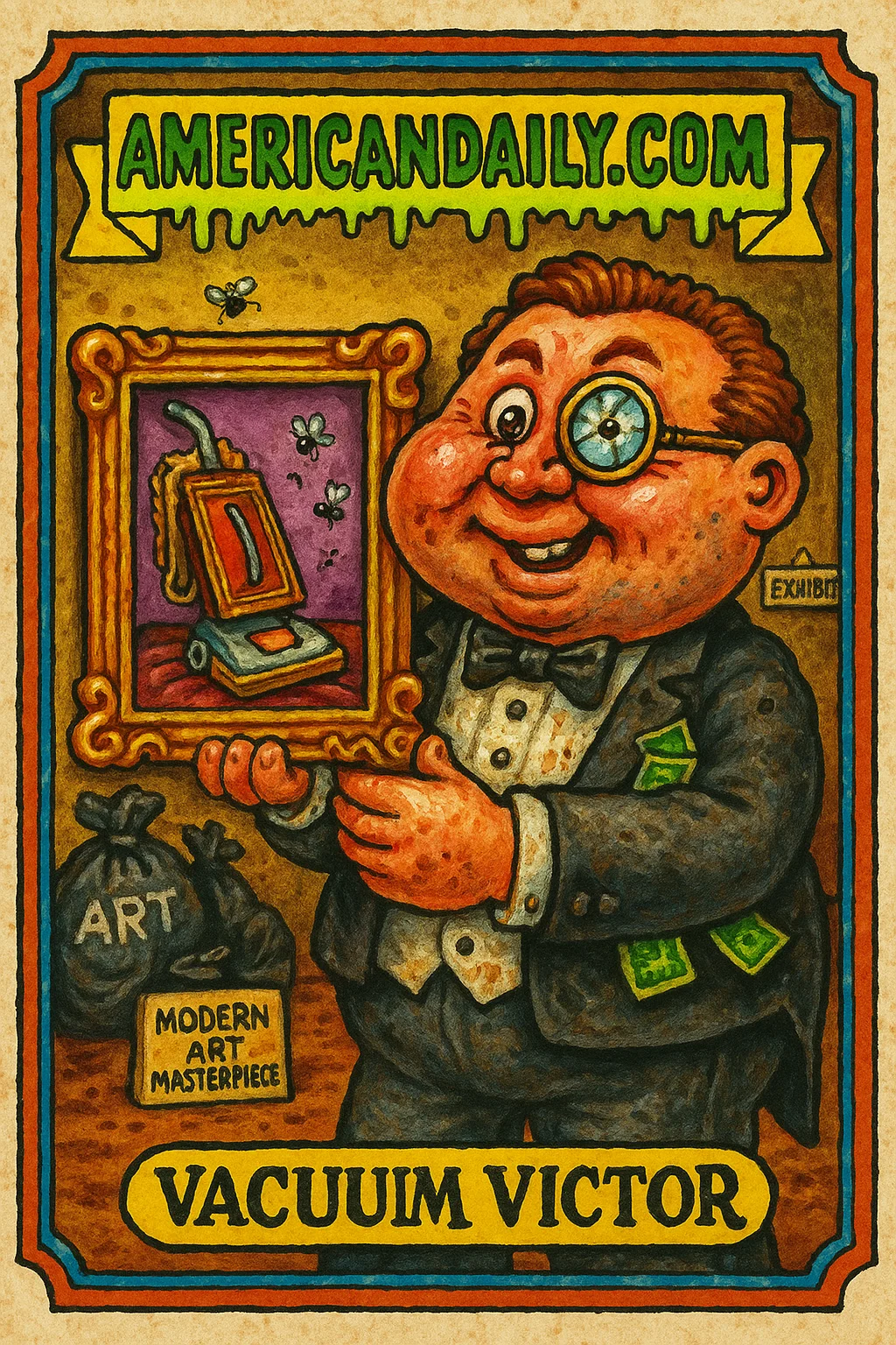 Grotesque caricature of a pompous art collector holding a broken vacuum like a valuable artifact, surrounded by trash bags and buzzing flies.