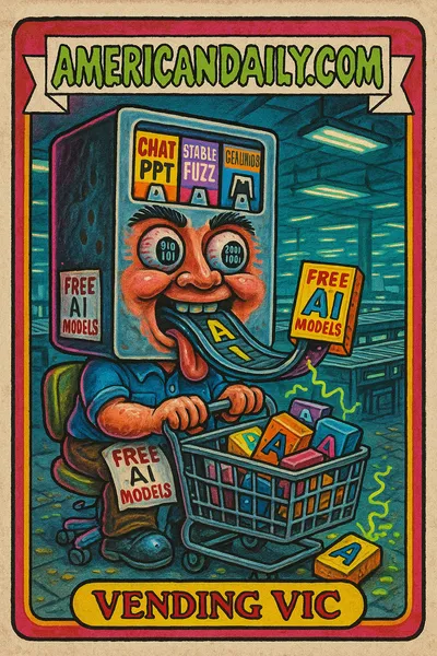 A grotesque AI character with a vending machine head and binary eyes sits on a dingy chair with a cart spilling AI models. Warehouse background.