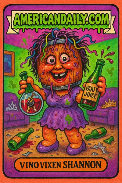 A grotesque cartoon of 'Vino Vixen Shannon' with a wine-barrel head spilling party liquid, in a chaos-filled suburban setting.