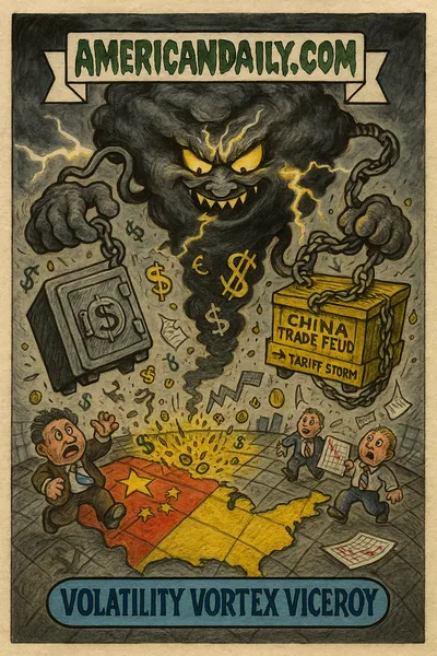 Parody trading card: a storm-lord figure "Volatility Vortex Viceroy" towers above a cracked bank vault and a chained China-trade crate, swirling stocks and panicked traders on a U.S.-China shaped floor. Top banner: "AMERICANDAILY.COM."