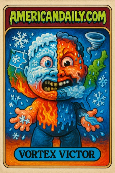 Vortex Victor, a grotesque weather map with chaotic quadrants for blizzard, polar vortex, heat dome, and atmospheric river, in hideous comic style.