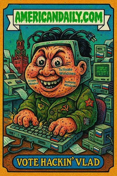 Vote Hackin’ Vlad with a Dell PC head, tangled cables for hair, typing furiously while stamped with 'Activate Windows', surrounded by chaotic tech in a Kremlin office.
