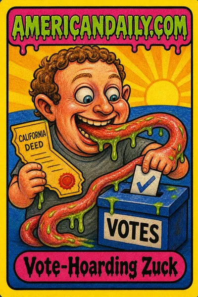 A Garbage Pail Kids-style cartoon of Mark Zuckerberg in a gray shirt, holding a California-shaped deed while his long slimy tongue wraps around a ballot box labeled “VOTES,” beneath the AMERICANDAILY.COM logo.