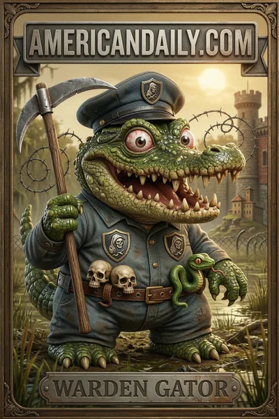 A Garbage Pail Kids-style trading card of a grotesque alligator warden with a scythe, wearing Grim Reaper patches, in a swampy Alcatraz setting. — 3D version