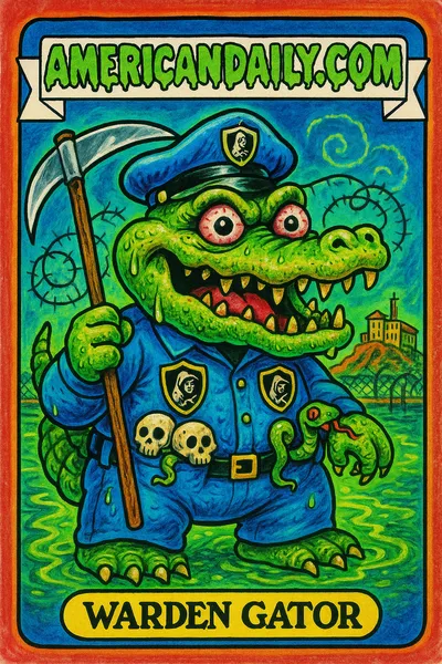A Garbage Pail Kids-style trading card of a grotesque alligator warden with a scythe, wearing Grim Reaper patches, in a swampy Alcatraz setting.