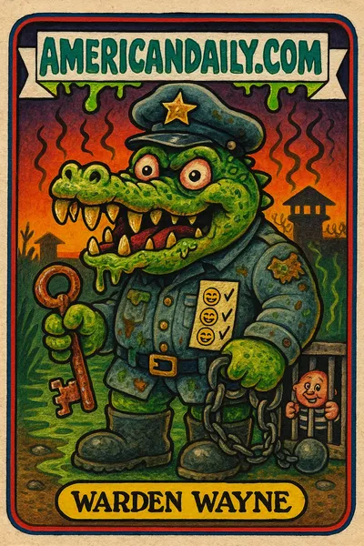Grotesque crocodile in prison warden outfit holding a key, with swamp prison background. Humorous and exaggerated parody.