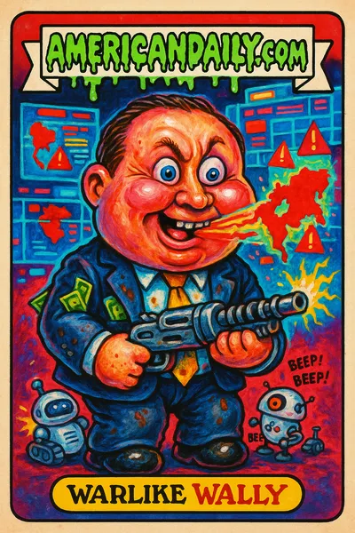A satirical trading card of 'Warlike Wally', a grotesque defense contractor holding a sparking weapon amid maps and dollar explosions.
