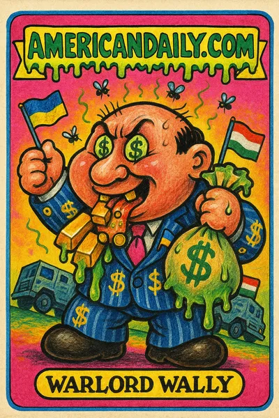 A grotesque cartoon villain holding slime-covered gold bars, clutching cash, with bulging cash-symbol eyes. Background shows tilted armored trucks and flags.