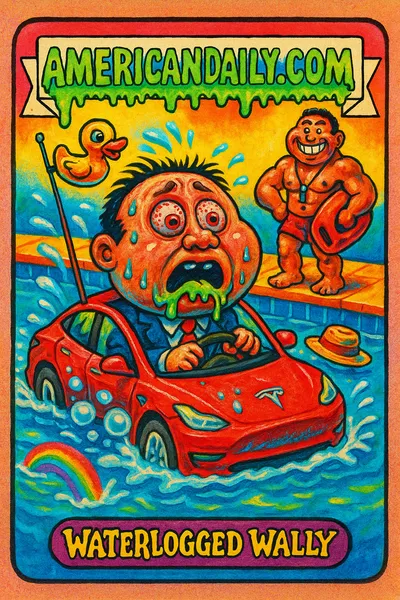 A grotesque trading card showing 'Waterlogged Wally,' a driver with a massive head, in a Tesla sinking into a pool, alongside a heroic lifeguard with exaggerated muscles.