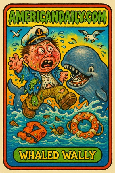 Trading card of 'Whaled Wally' - a grotesquely exaggerated yacht captain thrown in the air by smashing sperm whale, amid chaotic ocean waves.