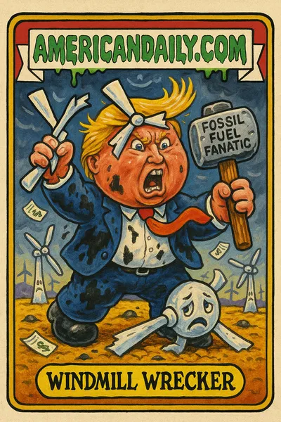 A grotesque, exaggerated Trump snaps a windmill while wielding a 'Fossil Fuel Fanatic' hammer, surrounded by broken turbines and floating bills.