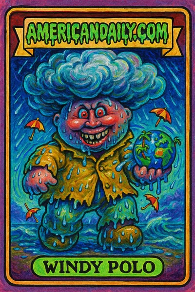 A satirical trading card depicting 'Windy Polo', a parody of Hurricane Polo, with a swirling cloud hairdo, manic grin, and stormy coastal backdrop.