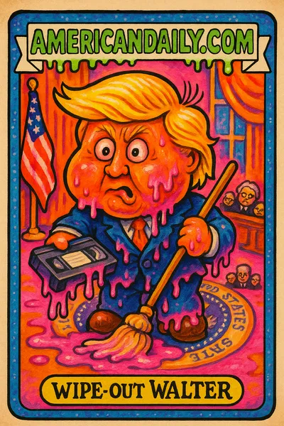 A satirical trading card featuring 'Wipe-out Walter', a grotesque character with Trump's likeness, mopping a pink paint 'meltdown' in a skewed Oval Office.