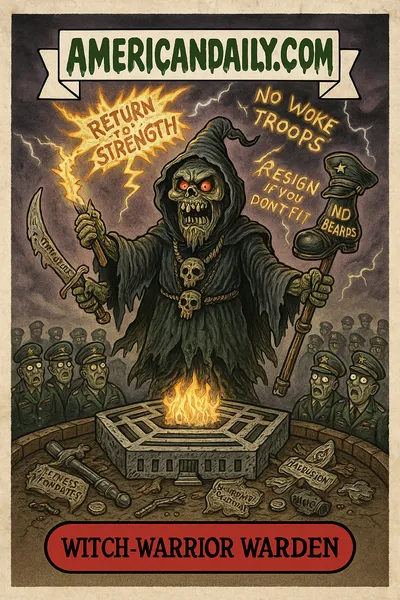 Parody card of a "Warrior Witch Doctor" at a pentagon altar with generals, slogans, and slime-drip "AMERICANDAILY.COM