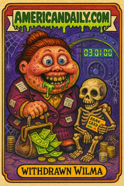 Grotesque card with 'Withdrawn Wilma,' displaying a hilariously manic bank scene with a skeletal sidekick beside a grimy vault.