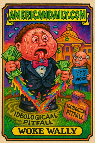 Grotesque cartoon of 'Woke Wally,' a student in a tuxedo, clutching cash turning to rainbow confetti in a swamp labeled 'Ideological Pitfall', with a huge book-wielding professor nearby.