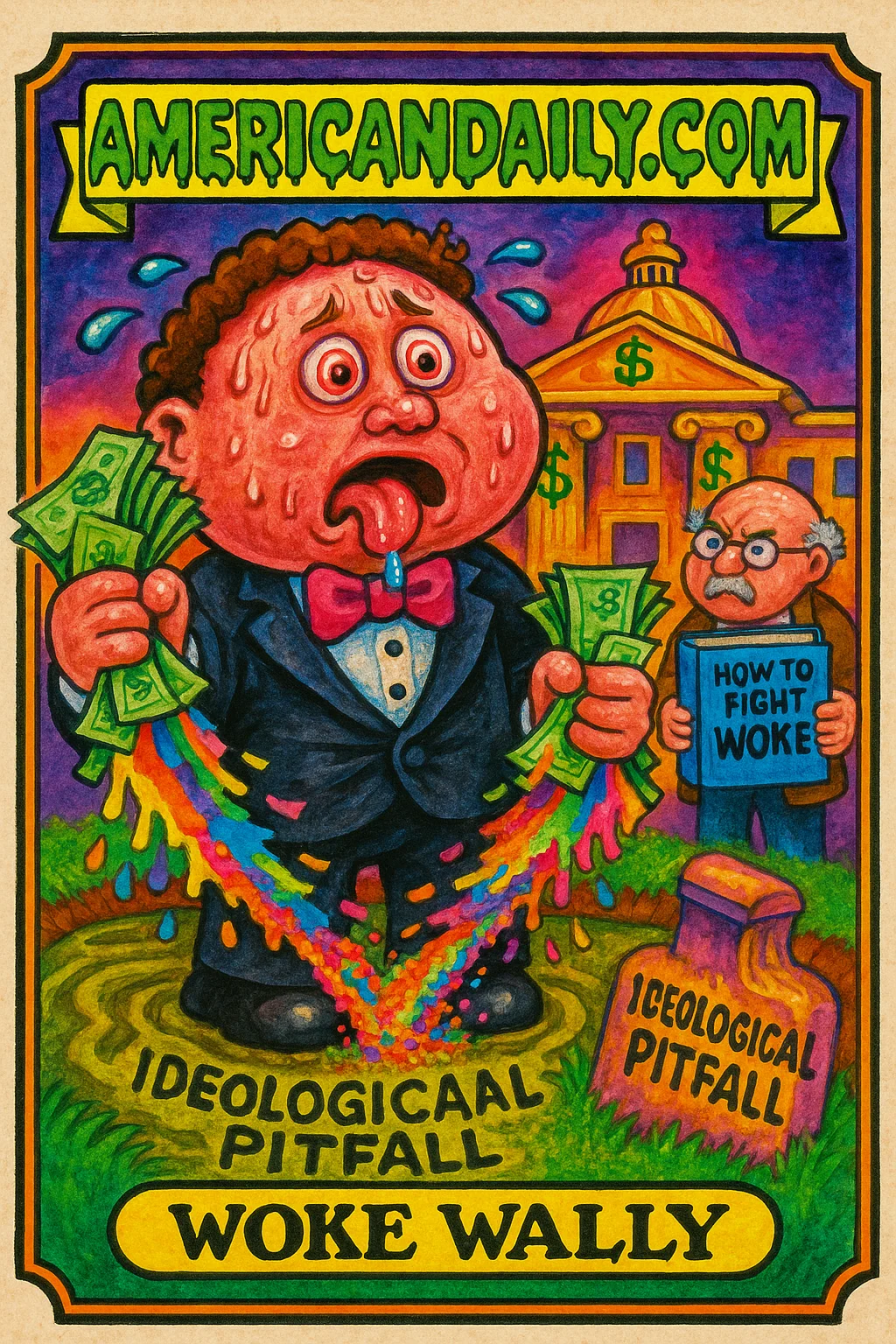 Grotesque cartoon of 'Woke Wally,' a student in a tuxedo, clutching cash turning to rainbow confetti in a swamp labeled 'Ideological Pitfall', with a huge book-wielding professor nearby.