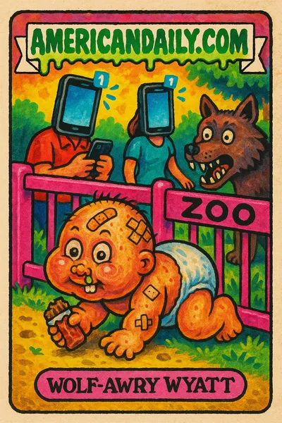 A grotesque toddler crawling under a zoo fence with a mischievous grin, while a cartoonish wolf looks in horror. Distracted parents have phones as heads.