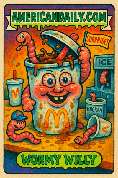 A Garbage Pail Kids-style card featuring 'Wormy Willy', an animated soda cup with worms emerging, capturing the Paddock Lake McDonald's drink incident.