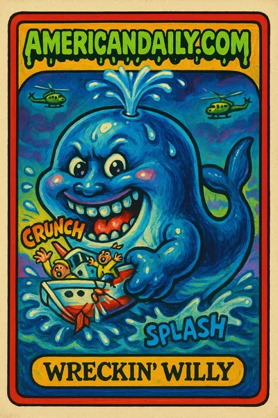 A grotesque cartoon whale named 'Wreckin' Willy' gleefully crushes a yacht causing chaos, with a satire of a military rescue scene in vibrant colors.