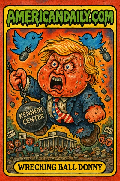 A satirical trading card featuring a grotesque parody of Donald Trump with an oversized head, swinging a Kennedy Center wrecking ball amid protesting caricatures.