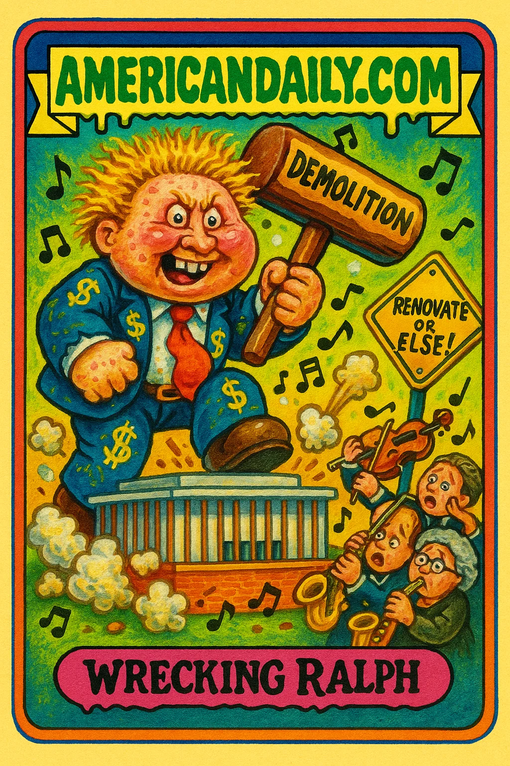 A grotesque caricature of a tycoon intending to demolish the Kennedy Center with a huge mallet, surrounded by musical chaos.