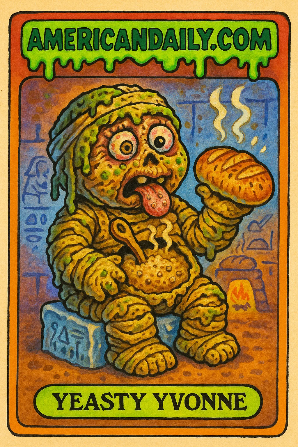 A grotesque comedic illustration of 'Yeasty Yvonne', a mummy holding sourdough with ancient bread hieroglyphs.