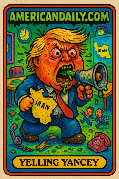 A grotesque, exaggerated caricature of Trump in a tantrum, screaming with a megaphone and waving a map marked 'Iran'. Scattered office debris and fleeing aides surround him.