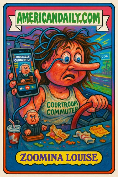 A grotesque woman with a huge head, tangled hair, and massive smartphone drives a cluttered car, attending a Zoom court session.